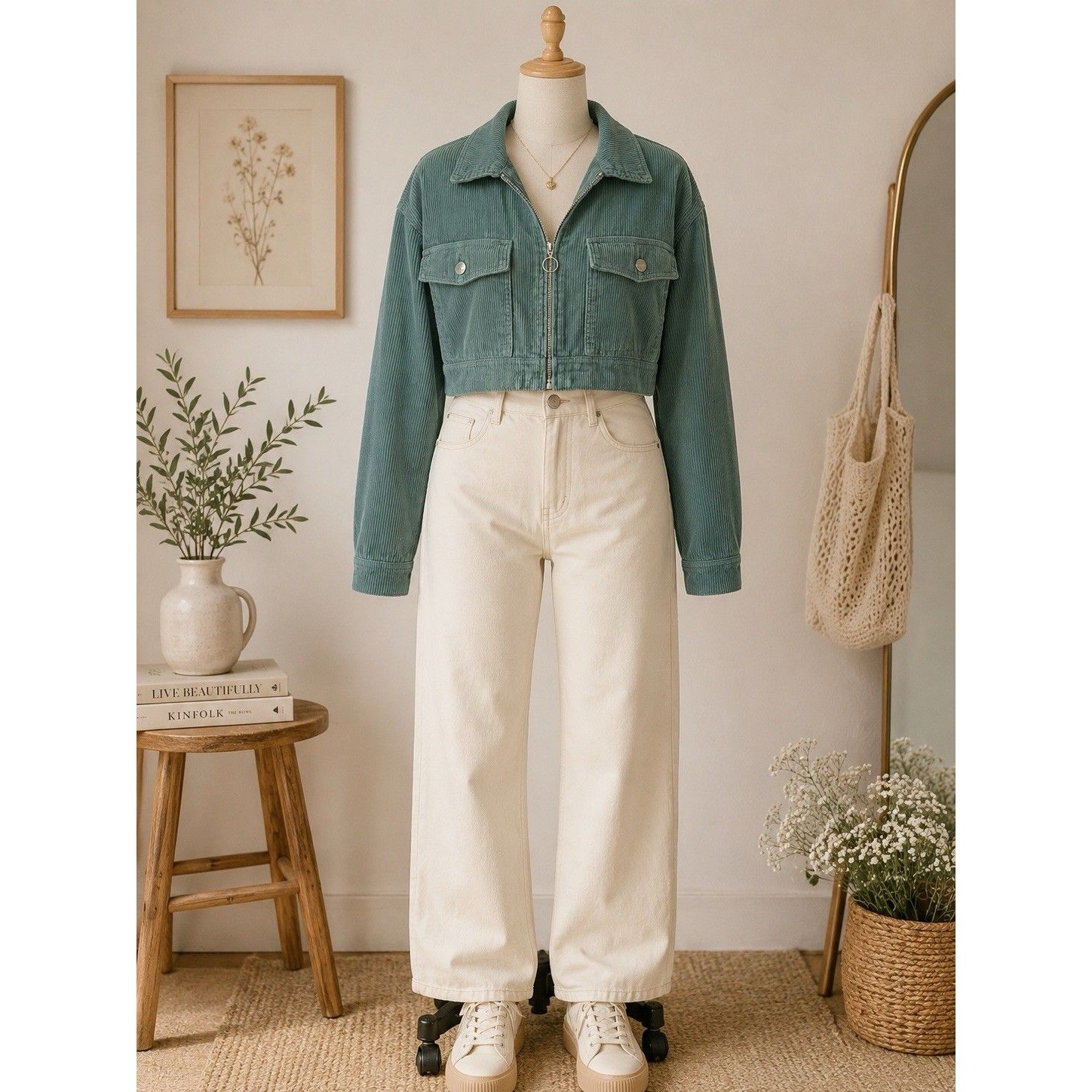Forever 21 Teal Green Corduroy Jacket Womens Medium Cropped Zip Up Utility Boho